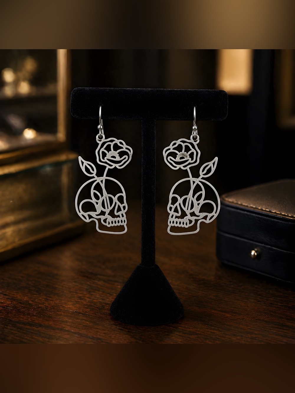 Silver Floral Skull Drop Earrings - Hypoallergenic Hooks